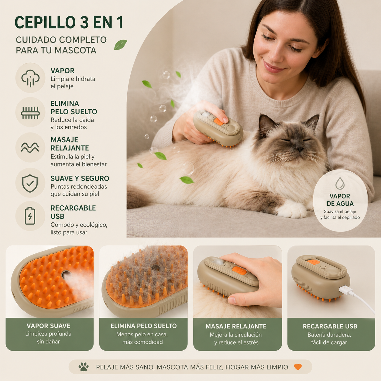 Cepillo con vapor para mascotas